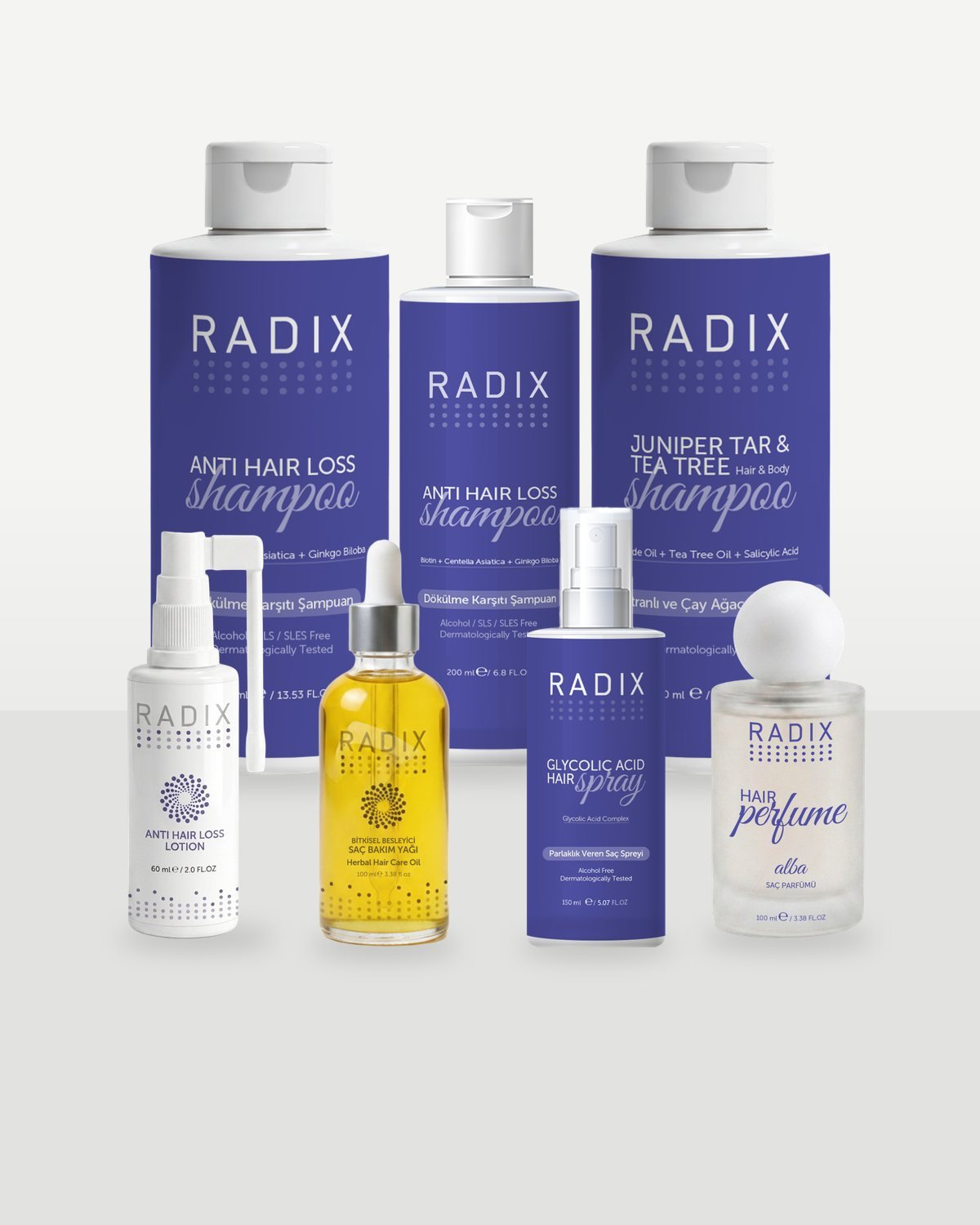 RADIX Haarpflege Sortiment: Shampoos, Lotion, Haarpflegeöl, Glycolic Acid Spray und Haarparfum Alba